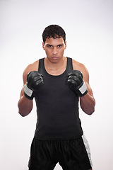 Image showing Portrait, getting ready and a man or boxer for a competition, fitness or training on a white background. Exercise, cardio and a strong male fighter with gloves for a sport, boxing or workout