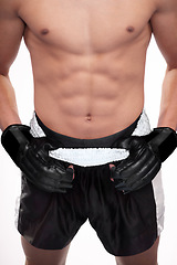 Image showing Sports, strong body and mma man, boxer or fighter ready for contest, competition or fighting workout challenge. Abs muscle, torso and studio athlete training, exercise or boxing on white background