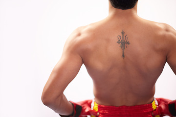 Image showing Sports, strong back or mma person, boxer or fighter ready for muay thai contest, competition or fight challenge. Muscle, battle or studio athlete training, fitness or boxing pride on white background