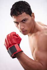 Image showing Man, portrait or boxer white background as fighter strength, sports training or active martial arts. Male person, shirtless or punch arm fist performance for competition, boxing or mma in studio