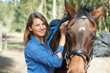 Image showing Woman, portrait and horse, animal and equestrian with riding outdoor, countryside and ranch. Sports, recreation and farm with young rider, stable and jockey with mare or pet, training for rodeo