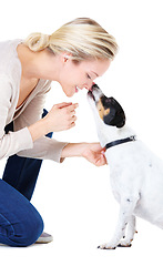 Image showing Woman, kiss and studio with jack russell dog for adoption, learning or care by white background. Girl, animal or pet puppy with bonding, training and kindness for loyalty, floor or domestic education