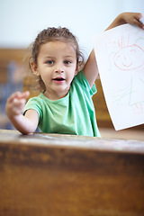 Image showing Portrait, drawing and student in a classroom, girl and creative with happiness, learning and smile. Face, child or kid with paper, showing her art or excited with joy, school and study with education