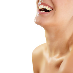 Image showing Smile, dental teeth and beauty of woman in studio isolated on a white background mockup space. Mouth, closeup and funny model laugh, healthy tooth and natural gums, skin wellness and orthodontics