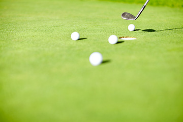 Image showing Sports, golf ball and club for practice on field for match, competition or game in summer tournament. Tee time, recreation hobby and equipment for player on course, driving range or grass on turf