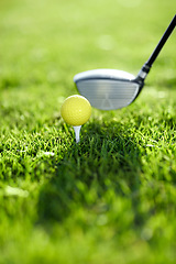 Image showing Closeup, golf ball and tee for swing on driving range for sports competition, recreation hobby or practice. Target, challenge and tournament on field in summer for training with equipment on grass