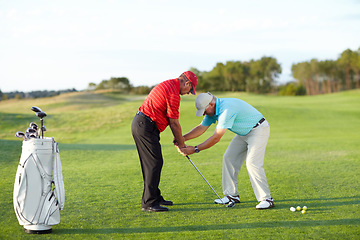 Image showing Golf training, help and men with a game on a field for a competition, showing or support. Fitness, exercise and friends or people on a course for sports advice, assistance and at a professional club