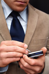 Image showing Closeup, businessman and hand for phone for online calendar, emails or messages. Person, corporate or professional with mobile app for connection of meetings, schedule and communication with staff