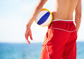 Image showing Beach volleyball, back or sports person with ball for outdoor game, competition or looking at water, ocean or sea waves. Nature sky, freedom or hands of athlete ready for fitness, training or contest