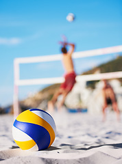 Image showing Beach floor, sand and volleyball for sports game, competition or outdoor nature challenge, practice or fitness. Ground, player workout and volley ball for summer match, exercise or athlete contest