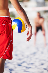 Image showing Beach sand, hand or sports person with volley ball for game, competition or nature challenge. Volleyball practice, closeup or athlete fitness match, exercise or contest with player, opponent or rival