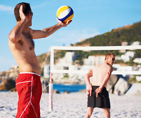 Image showing Beach, volleyball serve and sports team signal in outdoor game, challenge competition or partner practice match. Men, collaboration people and blocked hand sign communication for contest strategy