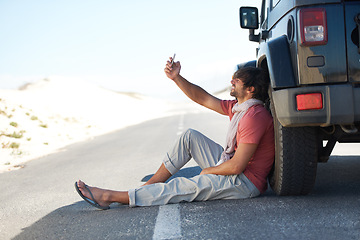 Image showing Car problem, phone signal and man on road trip, travel or journey outdoor. Engine breakdown, mobile network and person on street to search for connection fail, bad service or transportation emergency