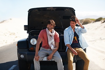 Image showing Friends, men and car breakdown on road trip, travel and journey outdoor. Engine problem, truck fail and people waiting for roadside assistance, motor transport insurance and help together at desert