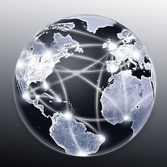 Image showing Planet, earth and nodes for global communication, networking or data transfer against a studio background. Closeup of hologram, globe or graphic illustration of networks, cyber or internet speed