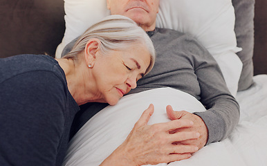 Image showing Care, bed and senior couple in home for bonding, relationship and hug for recovery in home. Marriage, retirement and elderly man and woman embrace in bedroom for healthcare, nursing and wellness