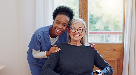 Image showing Senior care, caregiver and old woman with wheelchair, portrait and smile in health at nursing home. Support, kindness and happy face of nurse with elderly person with disability for homecare service.