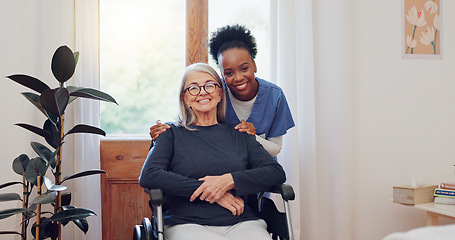 Image showing Senior care, nurse and old woman with wheelchair, portrait and smile in health at nursing home. Support, kindness and happy face of caregiver with elderly person with disability for homecare service.