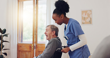 Image showing Senior care, nurse and old man with wheelchair, smile and help in healthcare at nursing home. Support, kindness and caregiver with elderly person with disability for homecare, retirement and service.