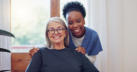Image showing Senior care, nurse and old woman with smile, portrait and health at nursing home. Support, kindness and happy face of caregiver with elderly person with retirement homecare service in house together.