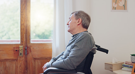 Image showing Wheelchair, thinking and sad senior man in retirement home with mental health and grief. Bedroom, idea and elderly male person with disability at window with memory, lonely and dream in a house