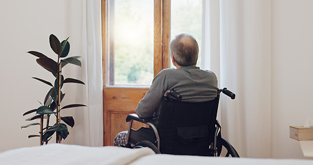 Image showing Wheelchair, thinking and senior man back in retirement home with mental health and grief. Bedroom, sad and elderly male person with disability at window with memory, lonely and dream in a house