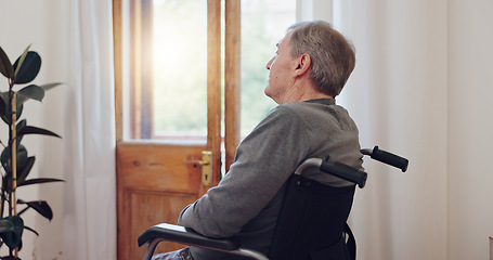 Image showing Wheelchair, thinking and senior man patient in retirement home with mental health and grief. Bedroom, sad and elderly male person with disability at window with memory, lonely and dream in a house