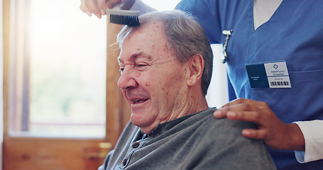 Image showing Senior man, nurse and comb hair with smile for grooming, care and wellness with helping hand in retirement. Elderly person, caregiver and haircare in nursing home for support, assisted living or talk