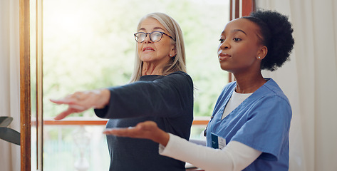 Image showing Physical therapy, senior woman and stretching at a retirement home for wellness and healthy. Medical, worker and caregiver with elderly consultation at clinic with help and support of chiropractor