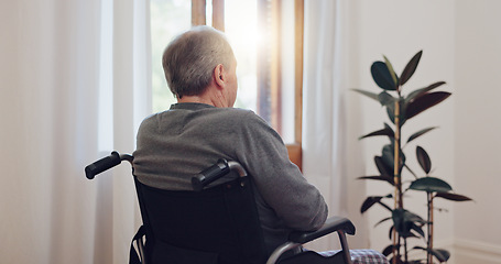 Image showing Wheelchair, thinking and senior man back in care and retirement home with mental health and grief. Bedroom, sad and elderly person with disability at window with memory, lonely and dream in house