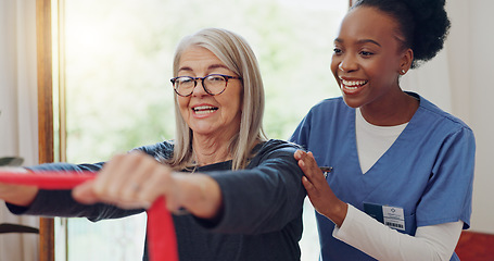 Image showing Resistance band, exercise and senior woman with physical therapy, training for muscle and arms. Strong, fitness and elderly person with support of nurse or physiotherapist in rehabilitation workout