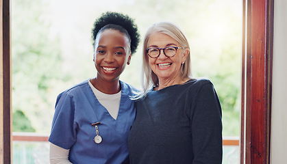 Image showing Physical therapy, senior woman and portrait at a retirement home for wellness and healthy. Happy, smile and caregiver with elderly consultation at clinic with help and support of chiropractor