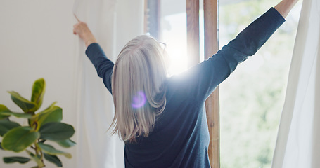 Image showing Elderly woman in home, opening curtains and getting ready for the day with sun, light and fresh air. Morning routine, retirement and senior person at window in apartment, housework and chores in room