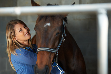 Image showing Smile, stable and young woman with her horse at an outdoor farm for sports racing. Happy, training and confident female person from Canada with her equestrian animal or pet in countryside ranch.