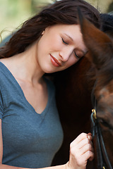 Image showing Love, nature and young woman with her horse on an outdoor farm for sports racing. Smile, happy and confident female person from Canada with her equine animal or pet in countryside ranch for adventure