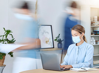 Image showing Covid, laptop and planning or busy woman in office with mask for protection in workplace. Motion blur of business people in fast paced workspace with coronavirus prevention, precautions and safety.