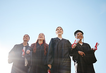 Image showing Degree, graduation and graduate class student friends happy at a education success ceremony. Diversity of students and friends with a school certificate, university and college diploma outdoor