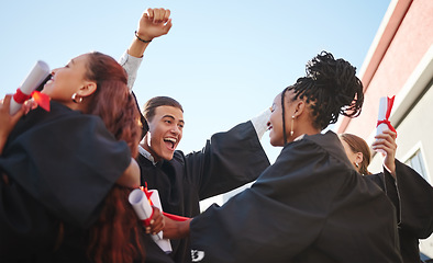 Image showing Celebration, happy and student graduation at a certificate, diploma and education success event. Students, friends and university students with happiness of a graduate, class and college achievement