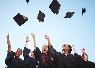 Image showing Graduation cap, student and graduate class happy at a diploma and education success ceremony. University or college students and friends with happiness smile proud of certificate achievement