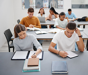 Image showing Studying, learning and students in university classroom with digital tablet screen and notebook mockup for knowledge, education and teaching. Group of people in college with books and reading course