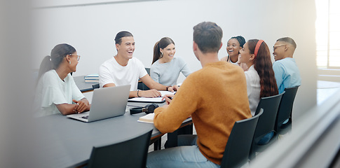 Image showing University, group project and students meeting for collaboration, teamwork and brainstorming course ideas for classroom education. Diversity, knowledge and learning college people studying together