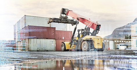 Image showing Overlay, delivery and forklift truck by a container at a manufacturing supply chain for export trade outdoors. Logistics and ecommerce cargo ready for lifting, transportation and global distribution