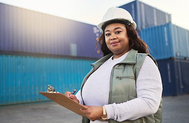 Image showing Logistics, supply chain and shipping with a delivery woman working on a dock with documents on a clipboard and a container yard in the background. Stock, cargo and freight with a female export worker