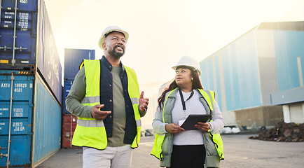 Image showing Logistics container, engineer black people manager and supply chain management at a shipping, cargo or freight warehouse. Business industry worker and export, distribution or storage digital software