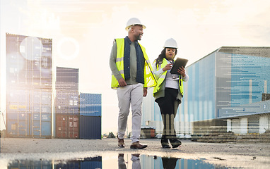 Image showing Supply chain, logistics and team with digital tablet planning delivery in container shipping or freight industry with communication. Teamwork, collaboration and support in cargo, stock and transport