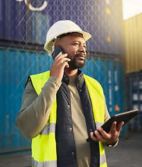 Image showing Logistics manager, phone call and tablet for shipping stock, supply chain container management or industrial cargo delivery. Black man, warehouse worker and employee on 5g technology in manufacturing