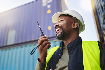 Image showing Logistics, supply chain and radio with a man delivery worker talking on a walkie talkie while working in a container yard. Ecommerce, stock and cargo in the retail, shipping and export industry