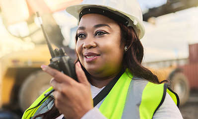 Image showing Engineer, black woman and walkie talkie for control management and communication with hardhat on inspector, manager or foreman on construction site. Female worker at logistics shipping yard in Africa