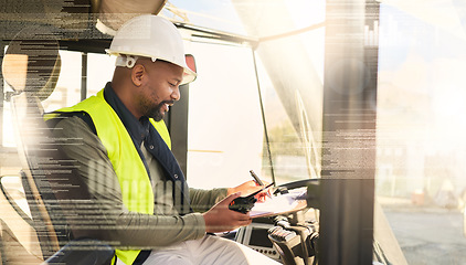 Image showing Supply chain, shipping and logistics with a man courier in a vehicle writing on documents and working in the export industry. Stock, transport and futuristic with a male distribution worker in a van
