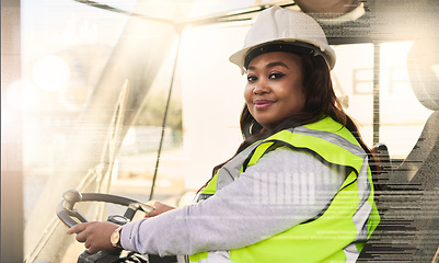 Image showing Forklift driver, black woman and logistics worker in industrial shipping yard, manufacturing industry and transport trade. Portrait of cargo female driving a vehicle showing gender equality at work